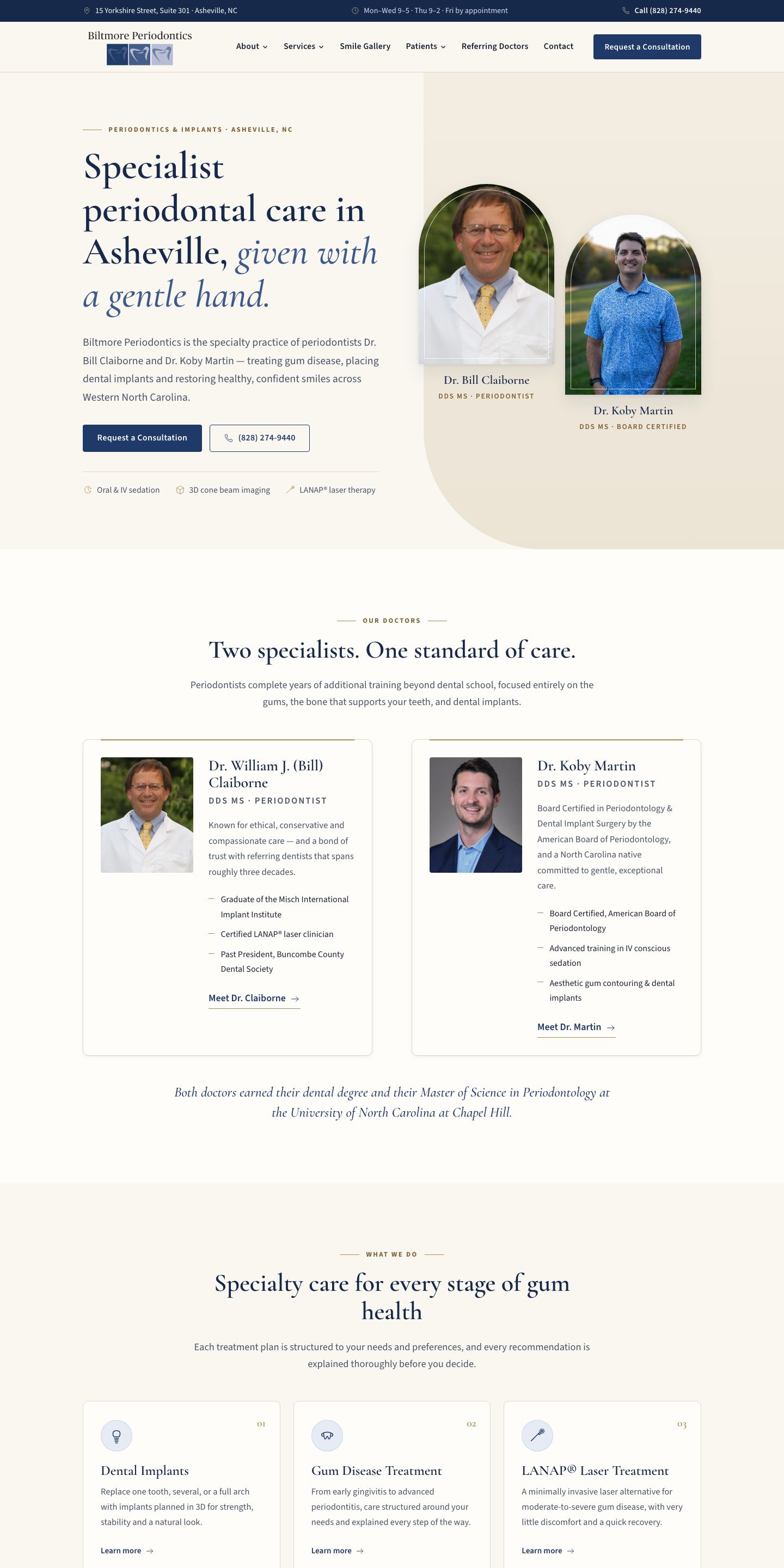 Biltmore Periodontics — "Heritage" direction: home page, top 2880px of the full desktop page