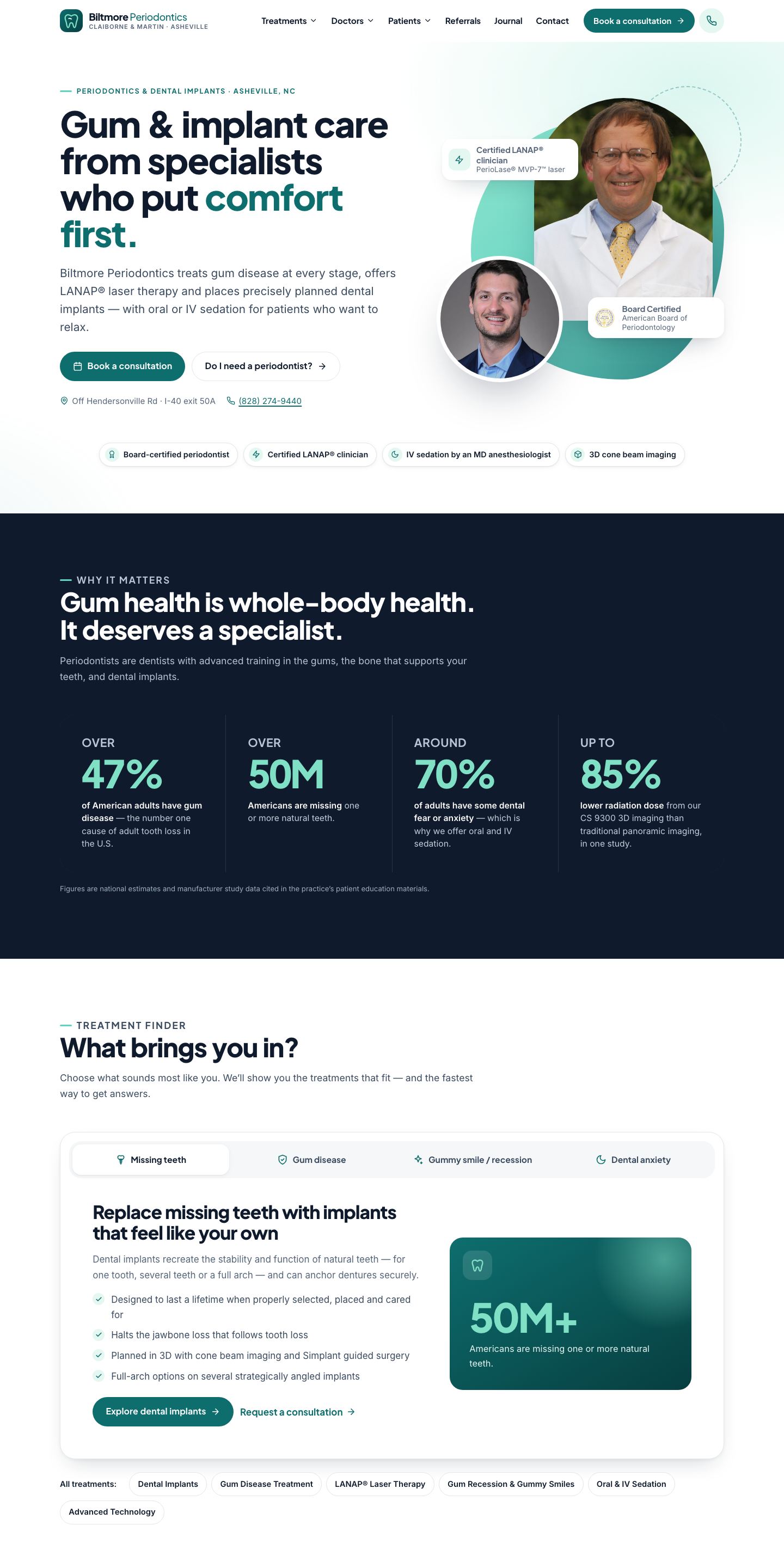 Biltmore Periodontics — "Modern Clinical" direction: home page, top 2880px of the full desktop page