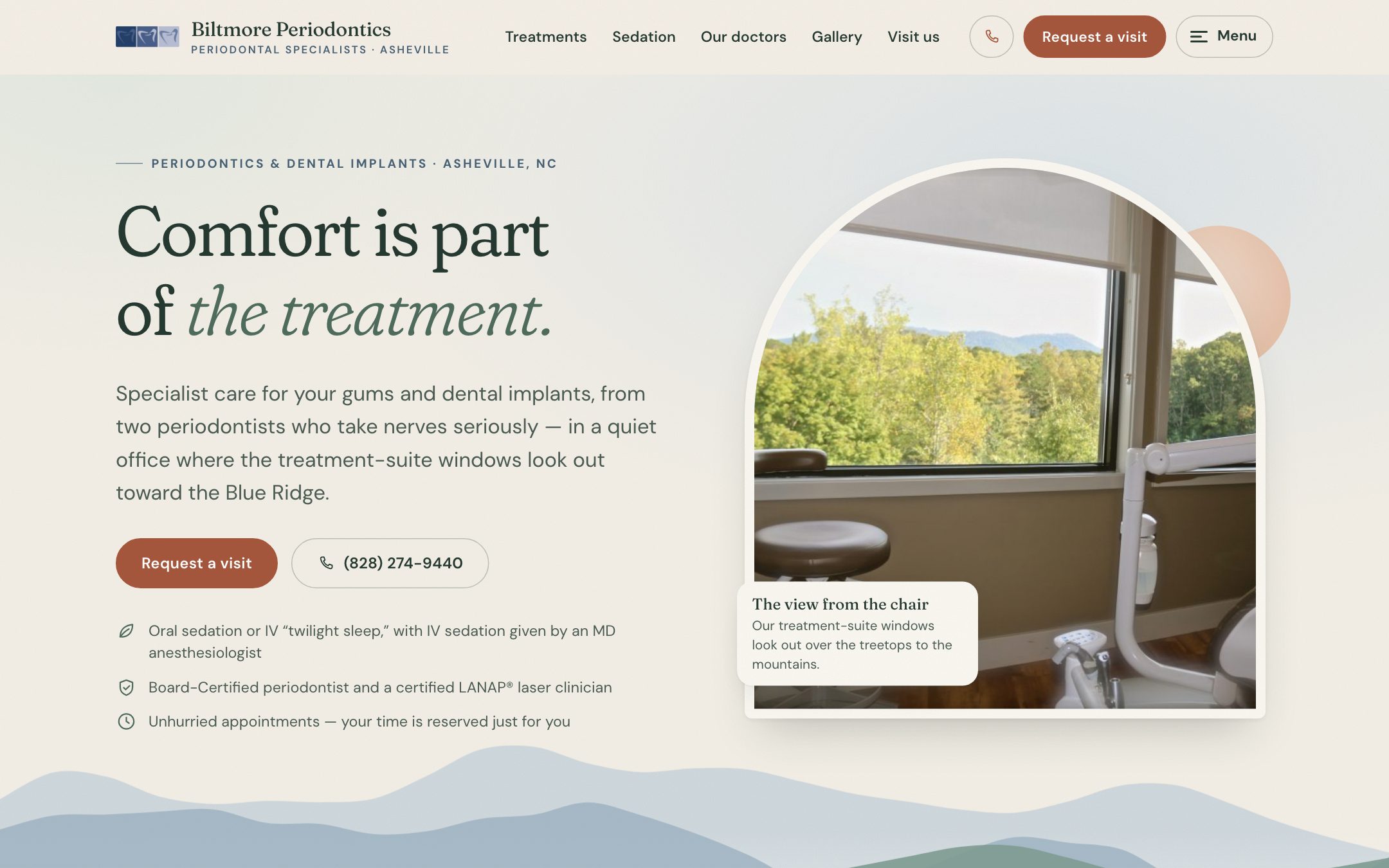 Biltmore Periodontics — "Blue Ridge Calm" direction: home page, first screen on a laptop