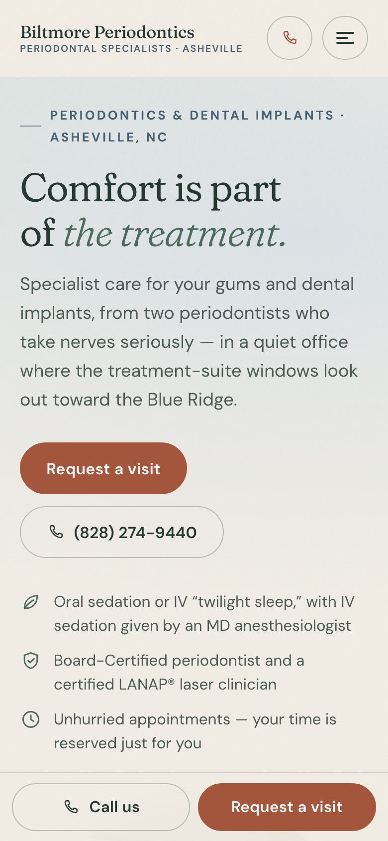 Biltmore Periodontics — "Blue Ridge Calm" direction: home page, first screen on a phone