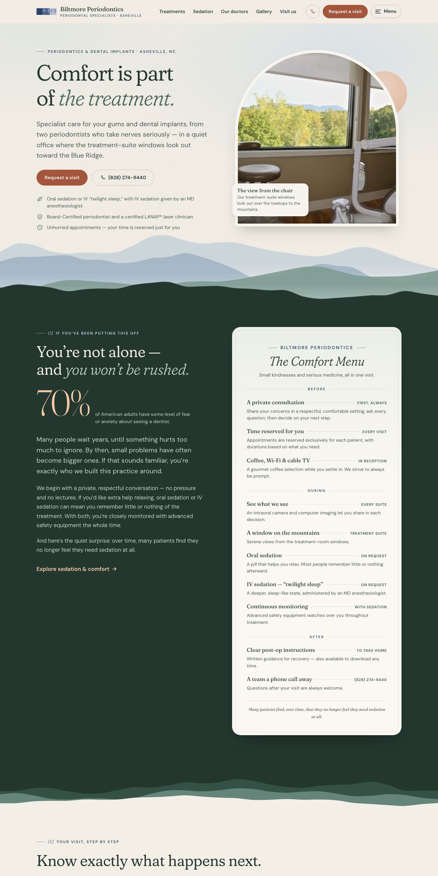 Biltmore Periodontics — "Blue Ridge Calm" direction: home page, top 2880px of the full desktop page