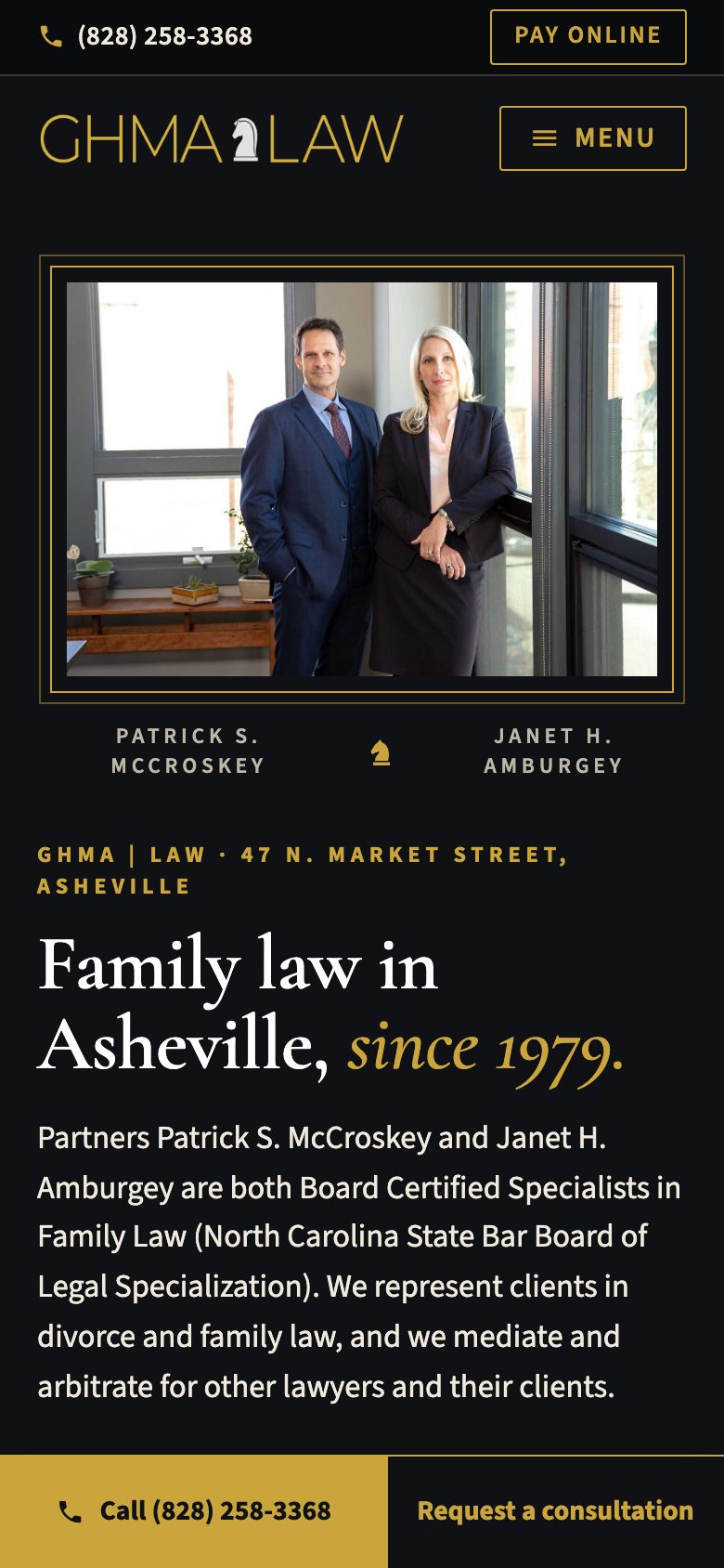 GHMA | LAW — "Market Street" direction: home page, first screen on a phone