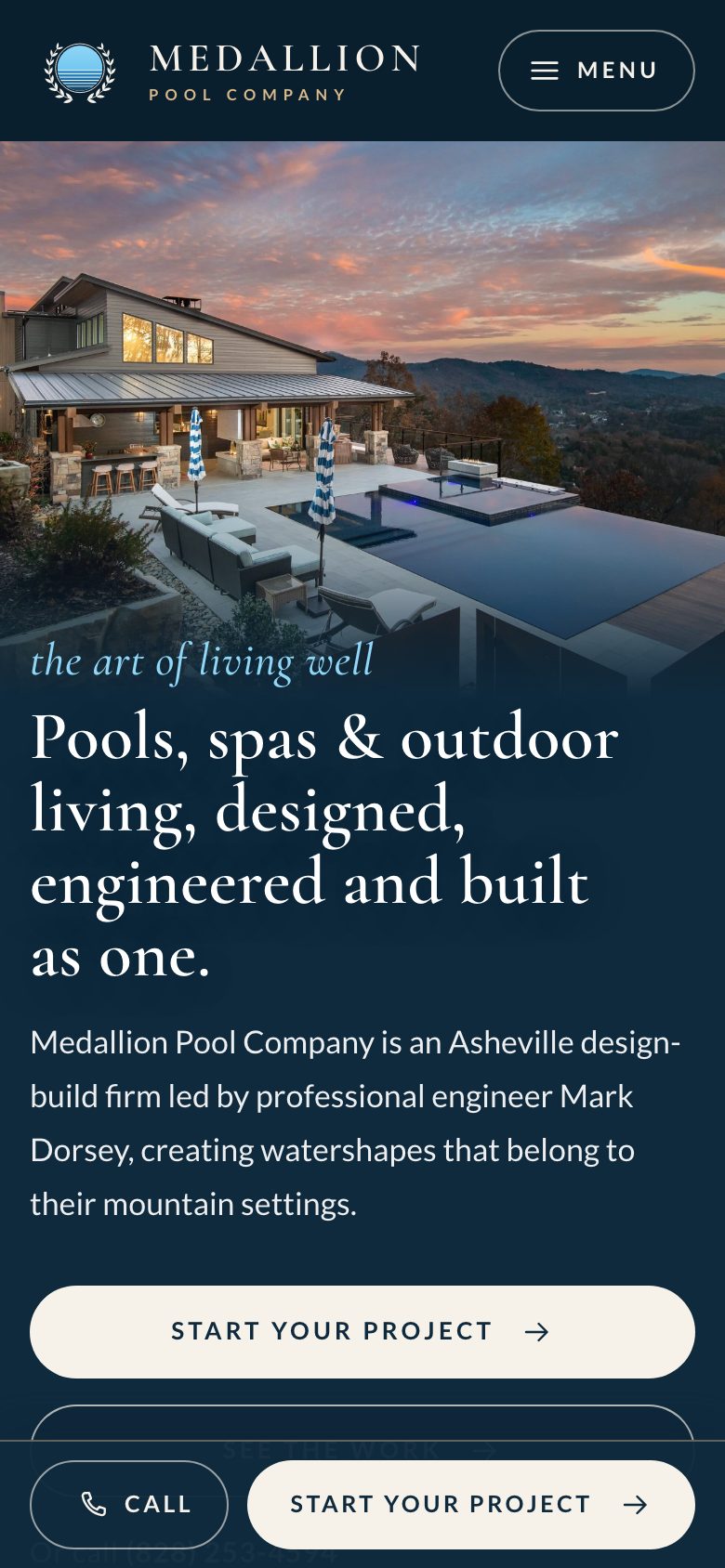 Medallion Pool Company — "Medallion" direction: home page, first screen on a phone