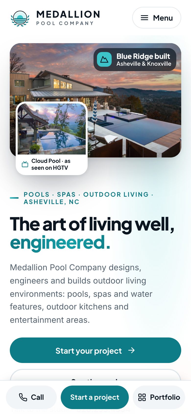Medallion Pool Company — "Watershape Studio" direction: home page, first screen on a phone