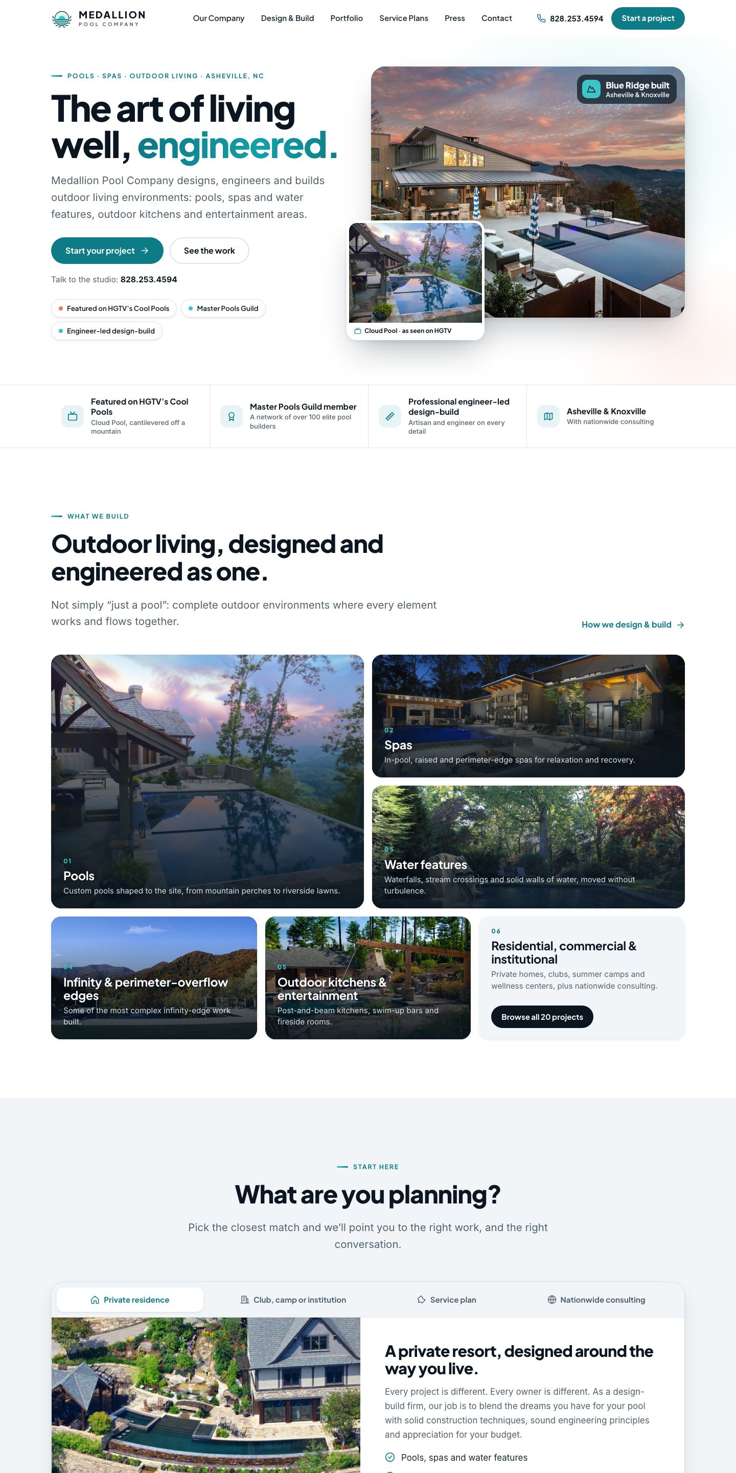 Medallion Pool Company — "Watershape Studio" direction: home page, top 2880px of the full desktop page