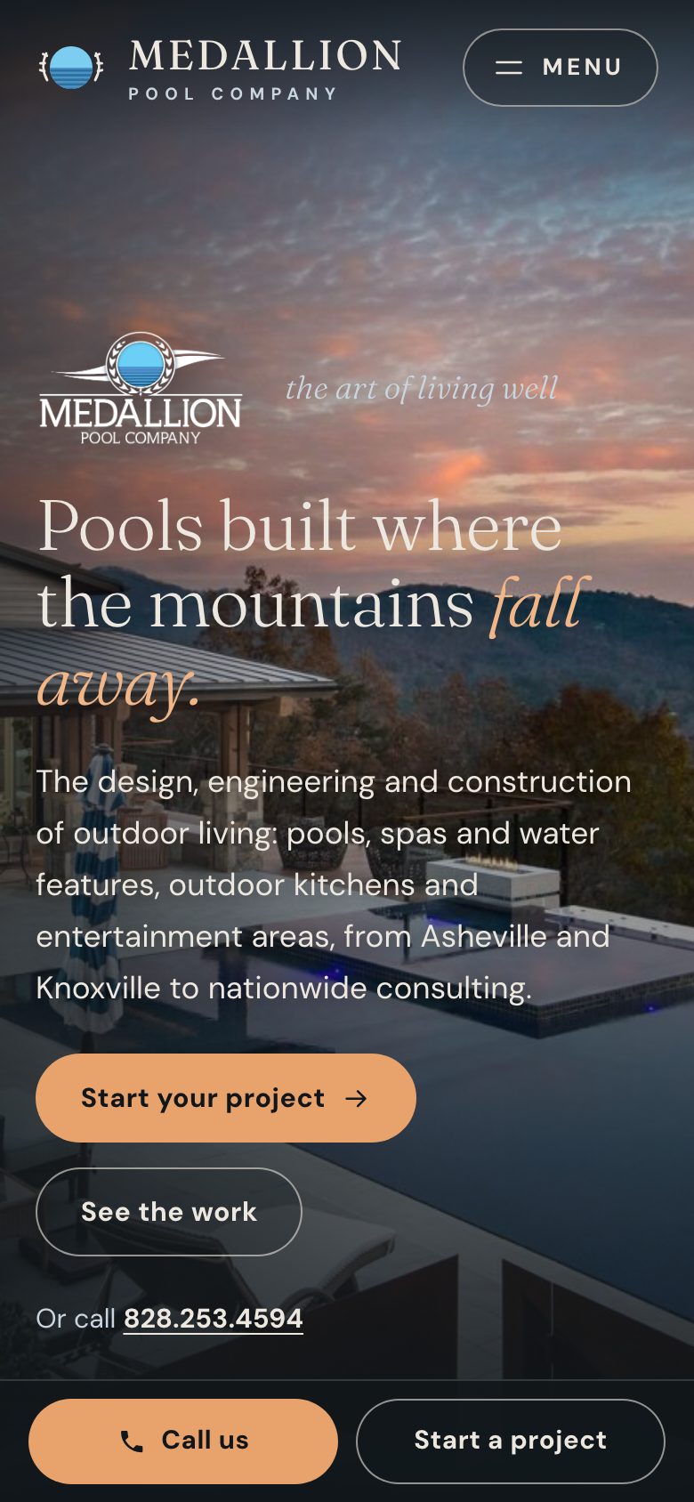 Medallion Pool Company — "Above the Valley" direction: home page, first screen on a phone