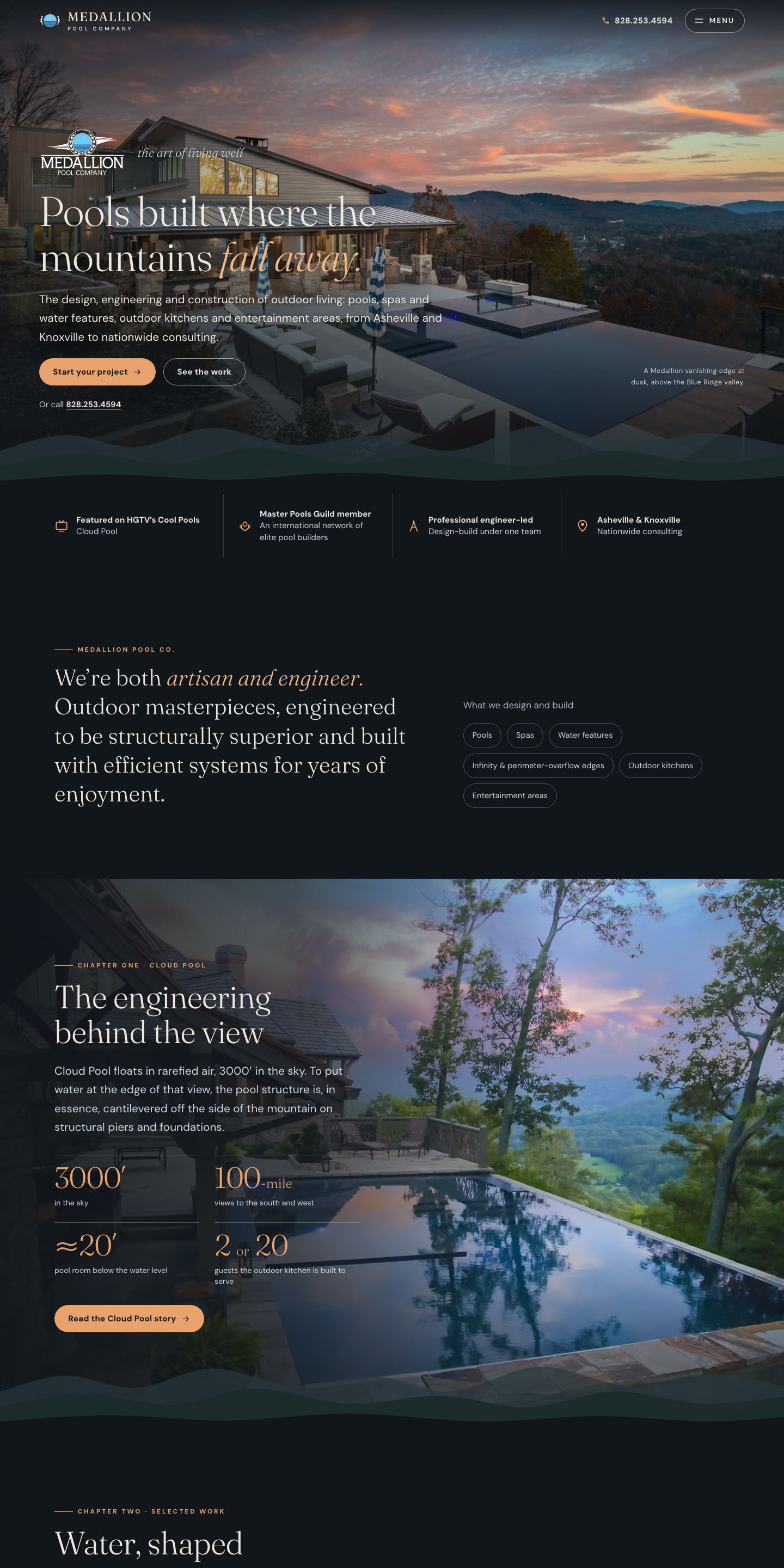 Medallion Pool Company — "Above the Valley" direction: home page, top 2880px of the full desktop page