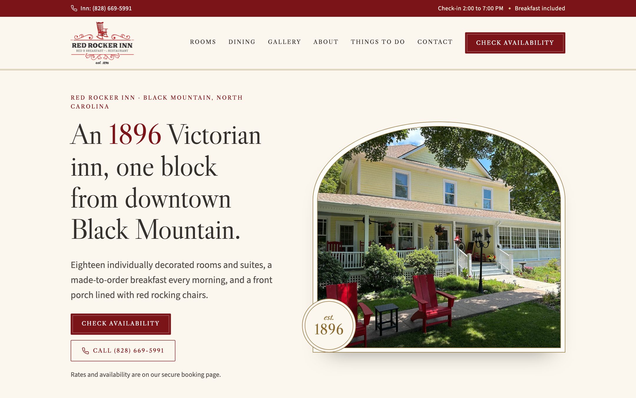 Red Rocker Inn — "Front Porch" direction: home page, first screen on a laptop