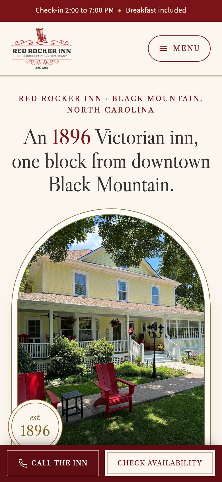 Red Rocker Inn — "Front Porch" direction: home page, first screen on a phone