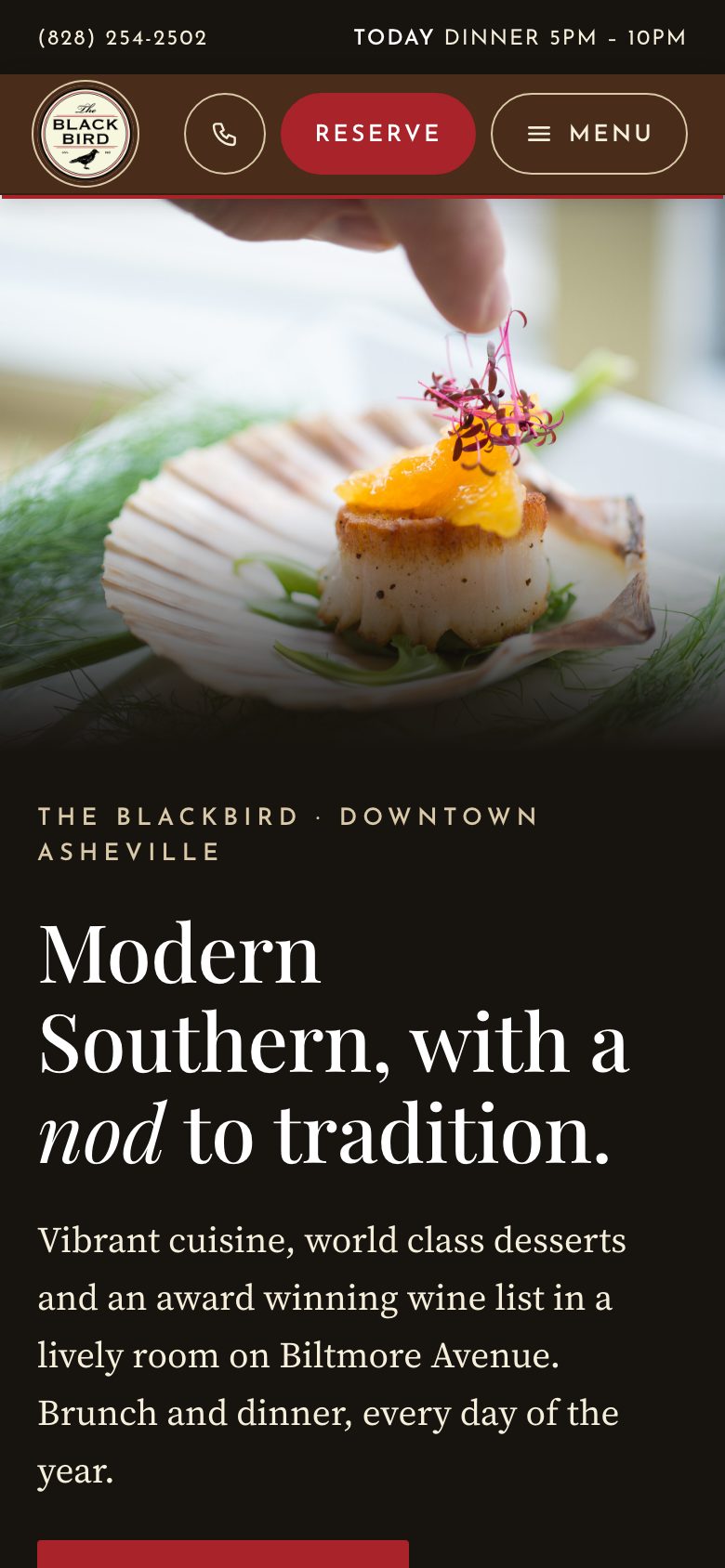 The Blackbird — "The Sign on Biltmore Avenue" direction: home page, first screen on a phone
