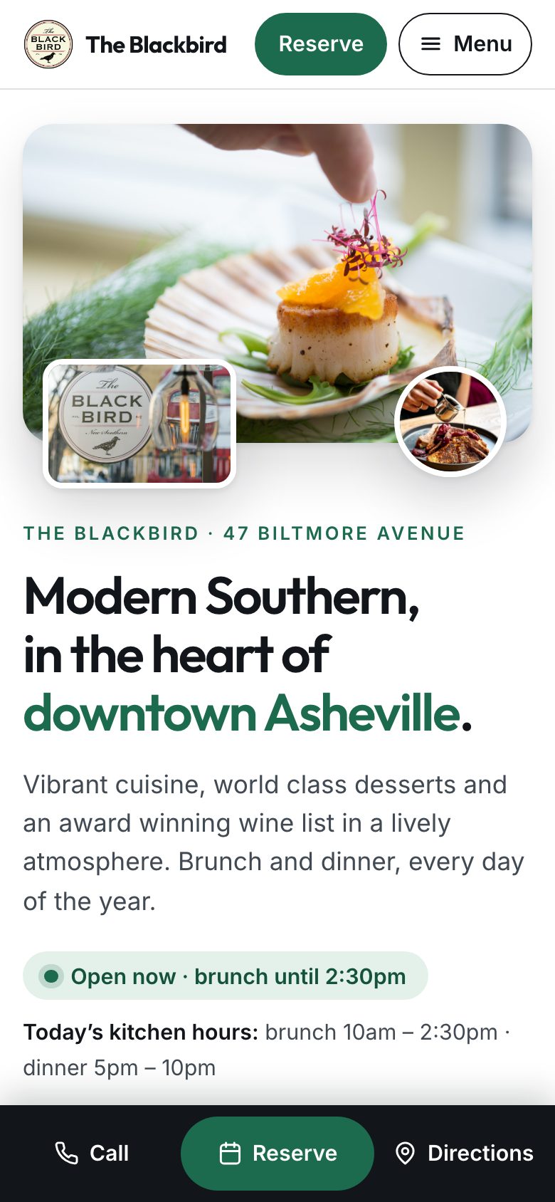 The Blackbird — "Table in Two Taps" direction: home page, first screen on a phone