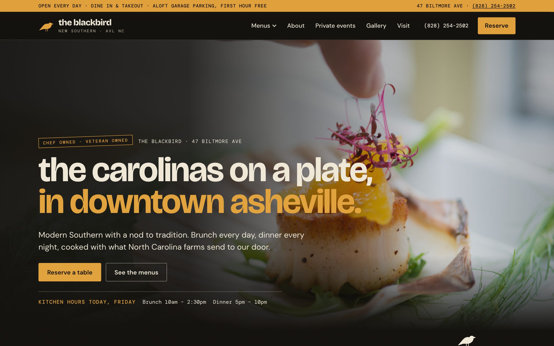The Blackbird — "The Carolina Table" direction: home page, first screen on a laptop