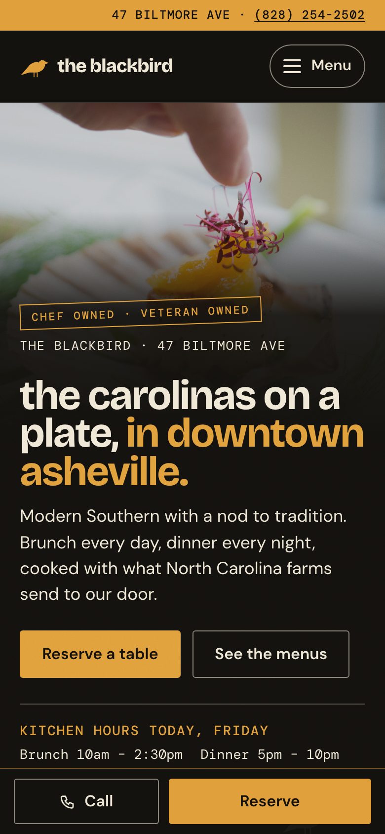 The Blackbird — "The Carolina Table" direction: home page, first screen on a phone