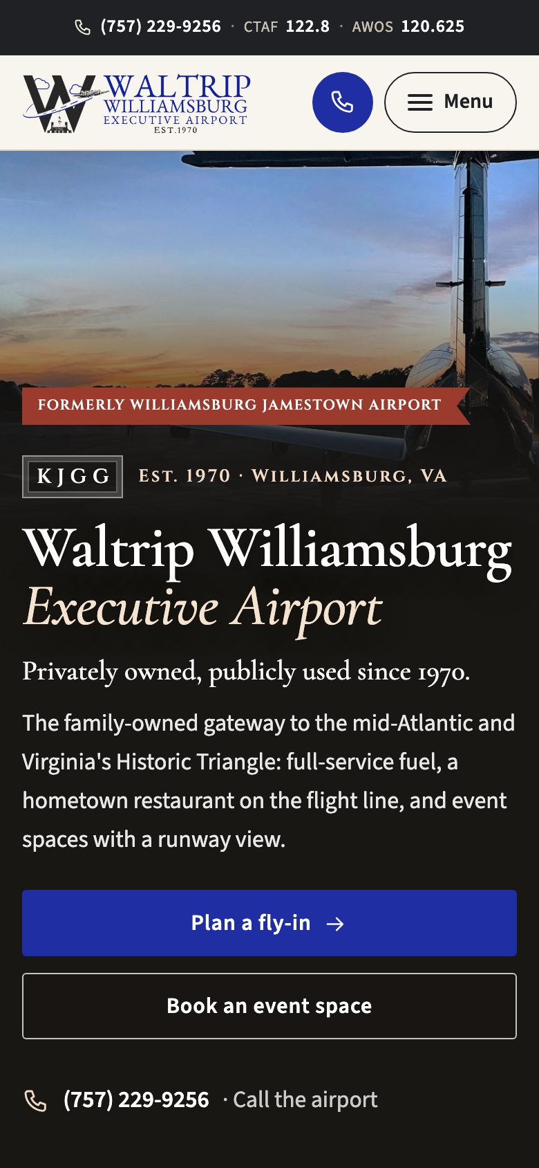 Waltrip Williamsburg Executive Airport — "Est. 1970" direction: home page, first screen on a phone
