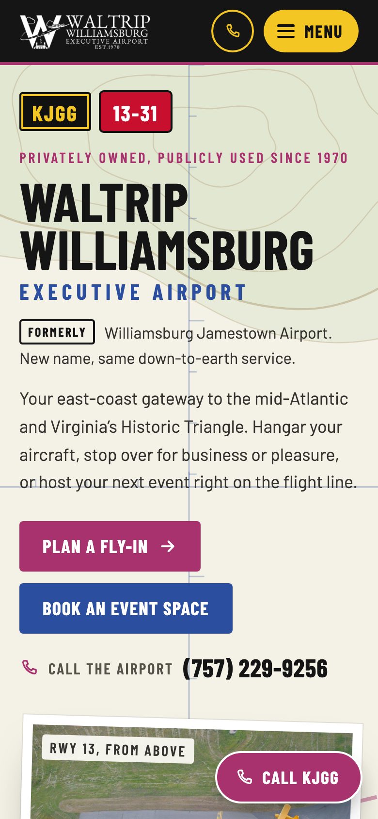 Waltrip Williamsburg Executive Airport — "Sectional" direction: home page, first screen on a phone