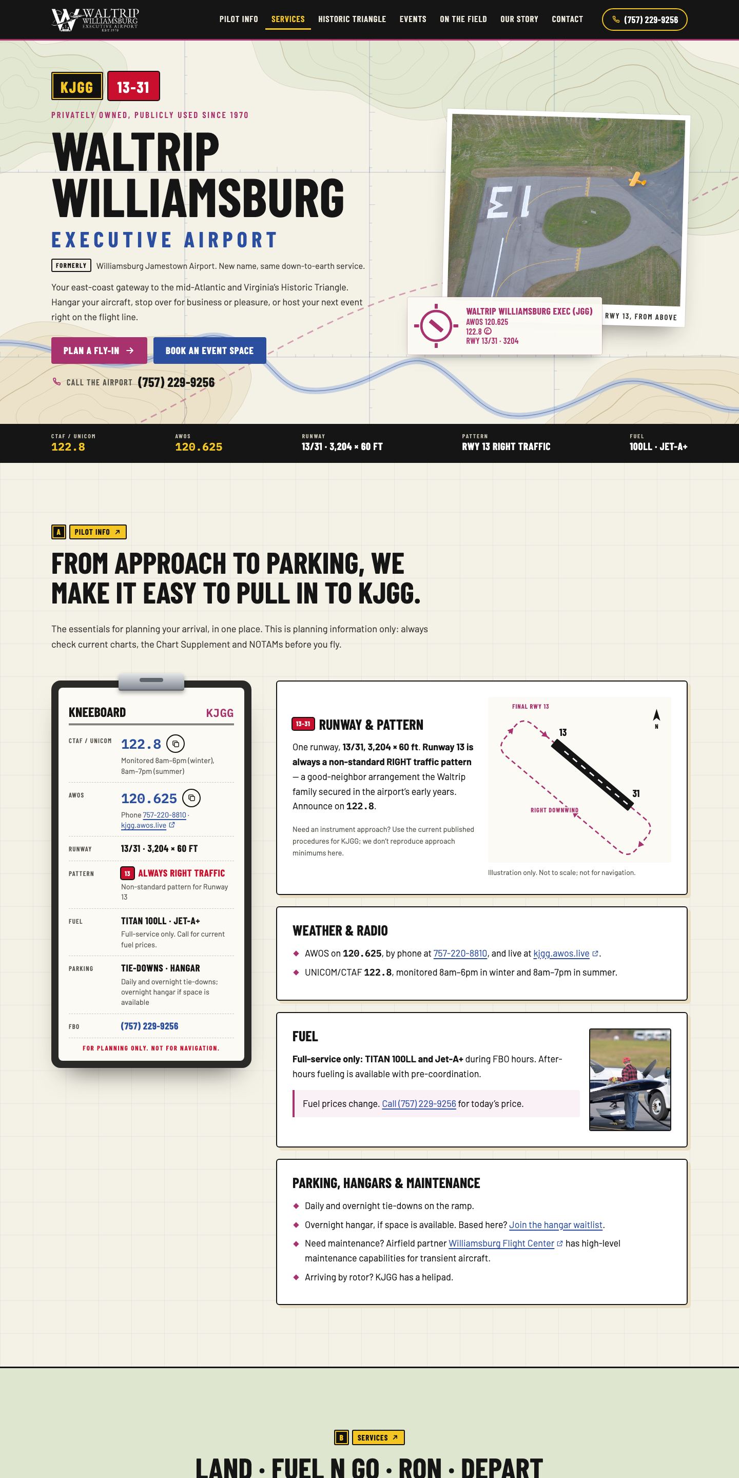 Waltrip Williamsburg Executive Airport — "Sectional" direction: home page, top 2880px of the full desktop page