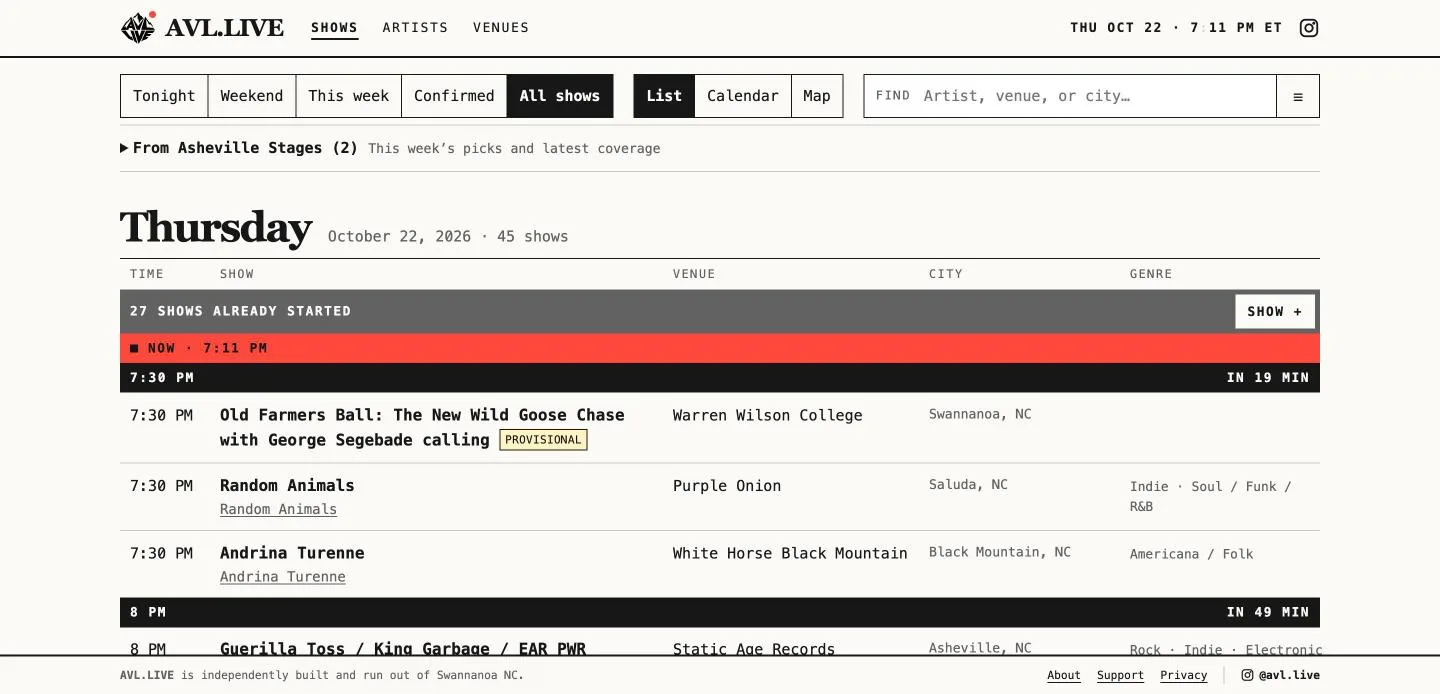 The AVL.LIVE shows page: Thursday's listings by time, venue, city and genre, with a red bar marking the current time.