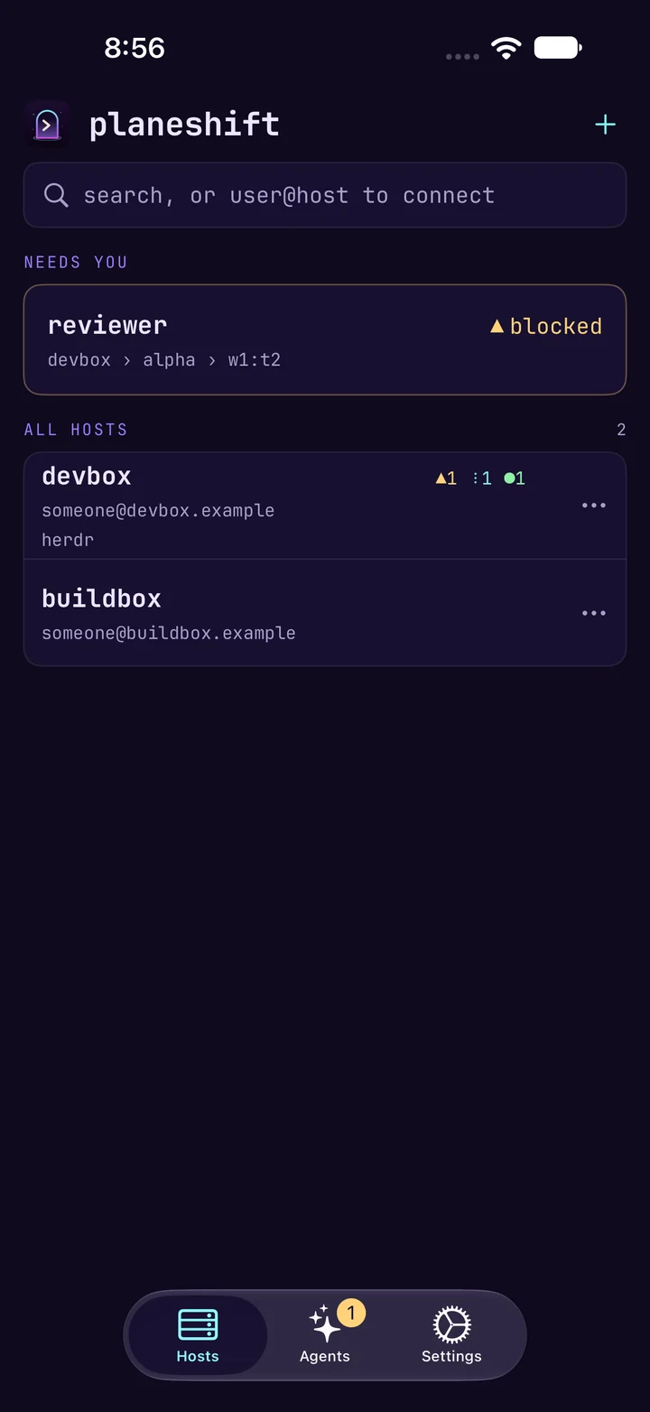 Hosts screen: a reviewer agent on devbox needs you, with two hosts listed.