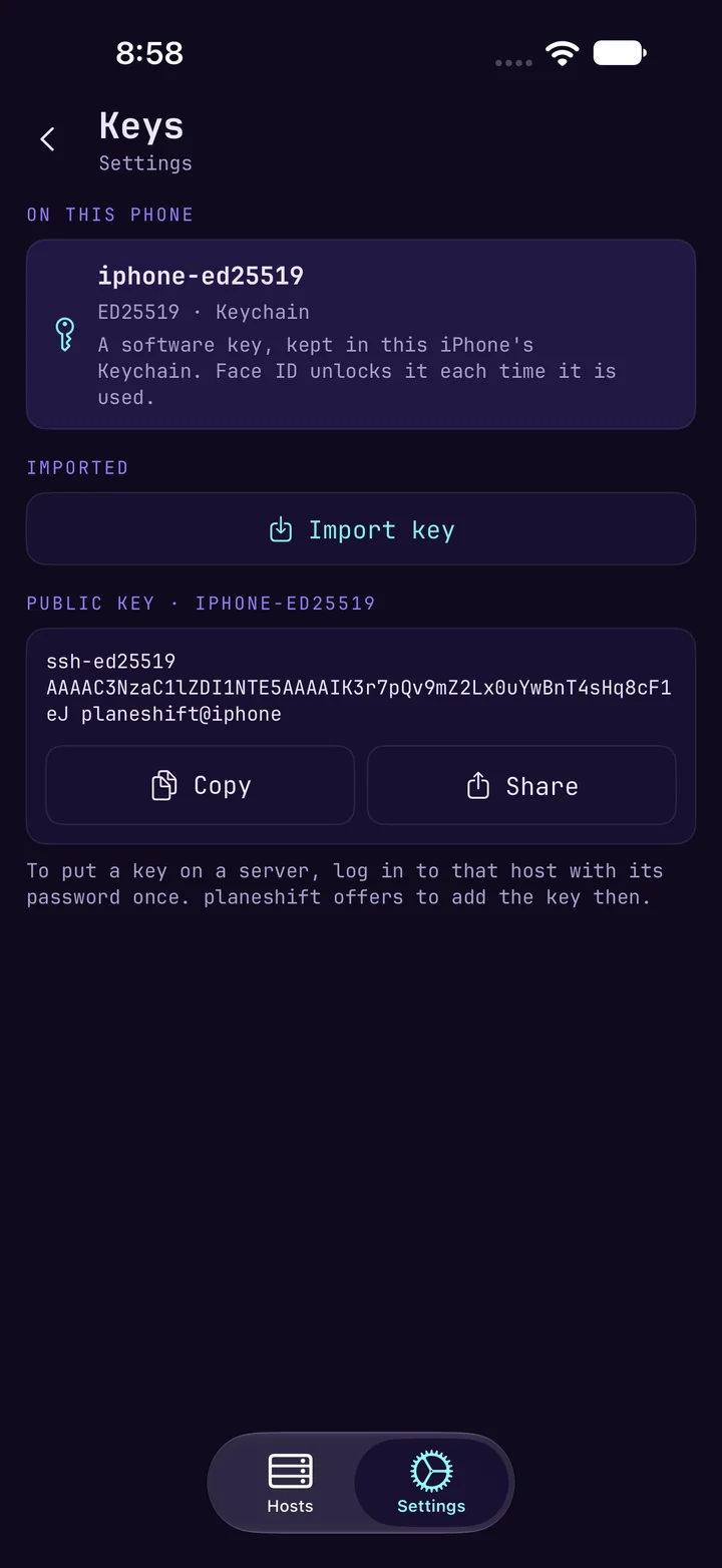 Keys screen: an ED25519 key kept in the iPhone Keychain, unlocked with Face ID.