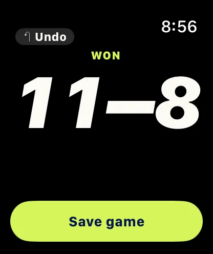 Apple Watch showing Won, 11 to 8, with a Save game button.